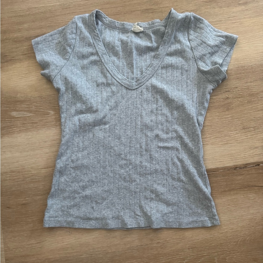Gray V-Neck Pointelle Women's Top